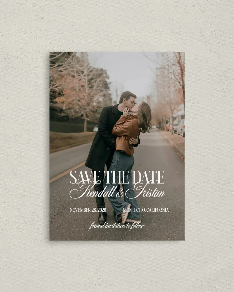 This is a 4" x 5.6" Save the Date Postcard called Montecito printed in full color on Soft Touch Finish paper