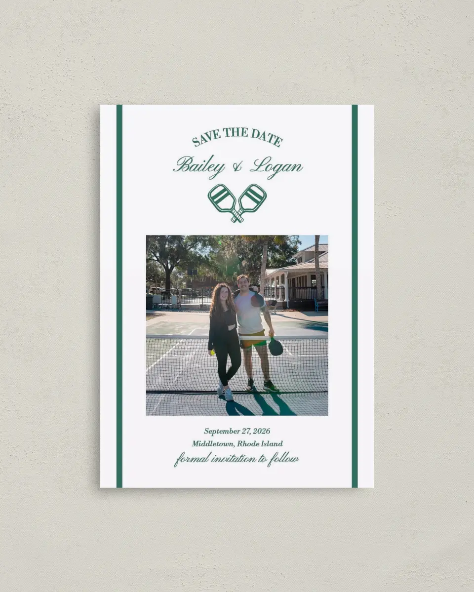 This is a 4" x 5.6" Save the Date Postcard called Serving Up Forever printed in full color on Soft Touch Finish paper