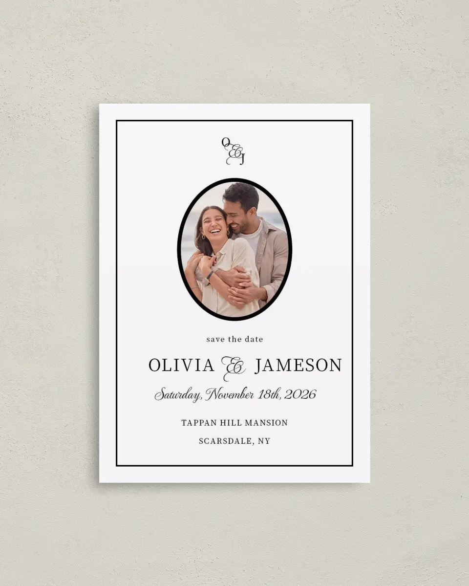 This is a 4" x 5.6" Save the Date Postcard called Scarsdale printed in full color on Soft Touch Finish paper