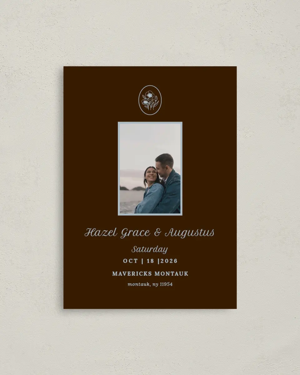 This is a 4" x 5.6" Save the Date Postcard called Montauk printed in full color on Soft Touch Finish paper
