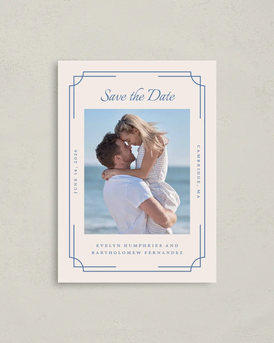 This is a 4" x 5.6" Save the Date Postcard called Cambridge printed in full color on Soft Touch Finish paper