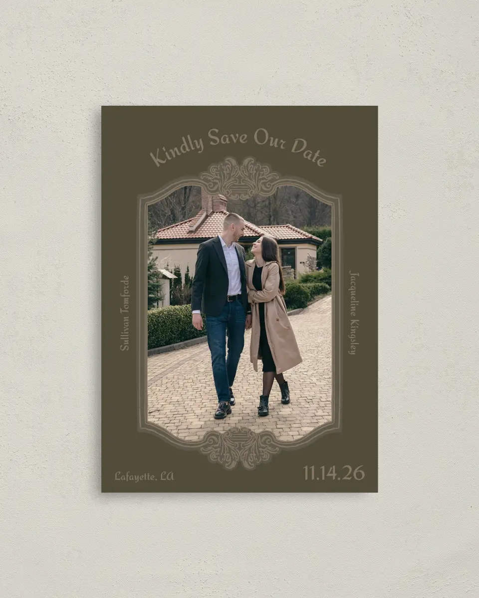 This is a 4" x 5.6" Save the Date Postcard called Lafayette printed in full color on Soft Touch Finish paper