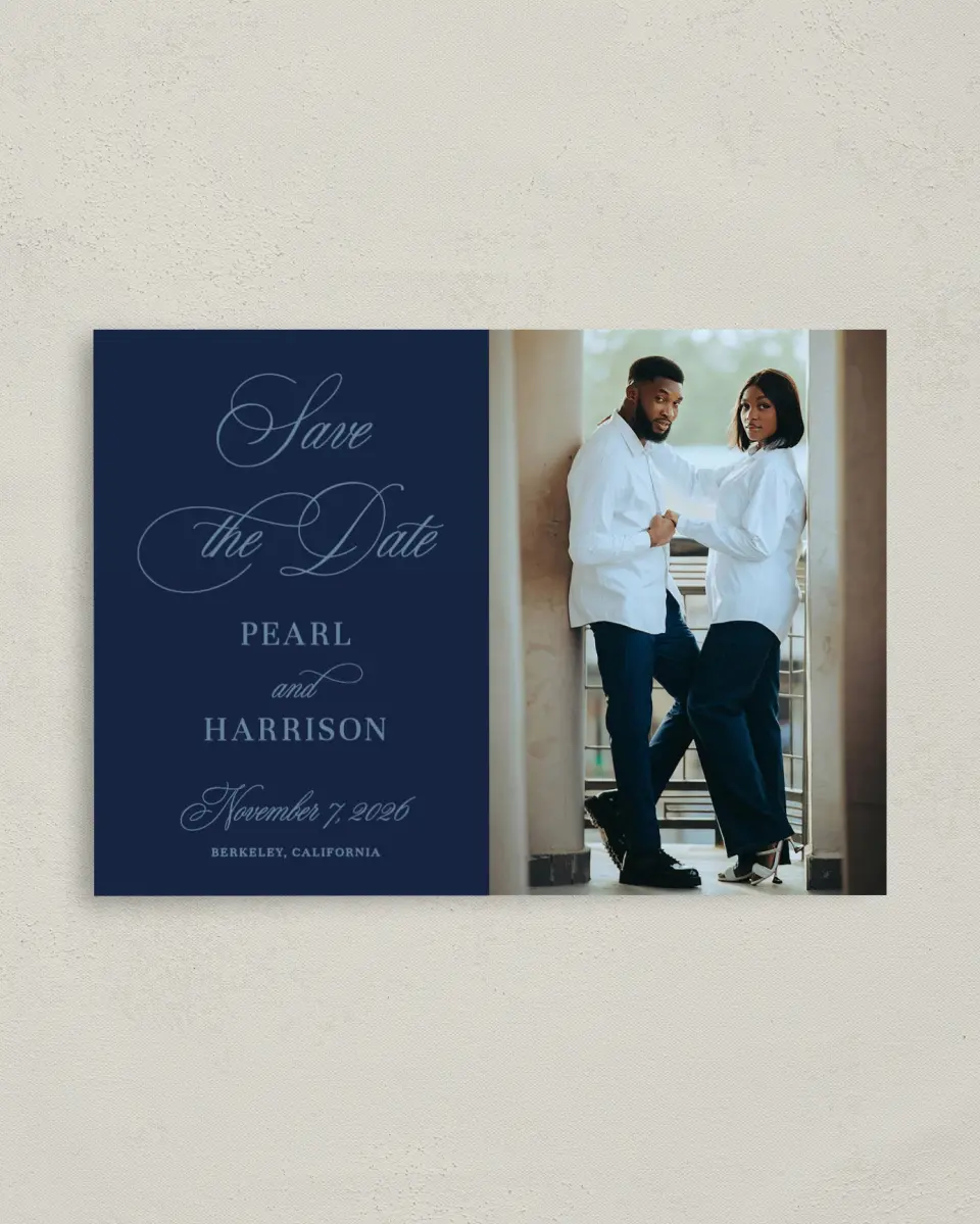This is a 4" x 5.6" Save the Date Postcard called Berkeley printed in full color on Soft Touch Finish paper