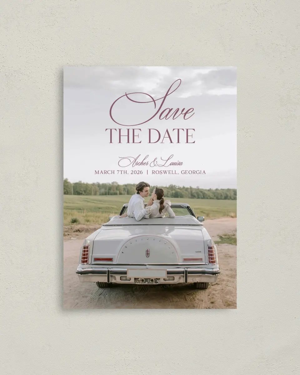This is a 4" x 5.6" Save the Date Postcard called Roswell printed in full color on Soft Touch Finish paper