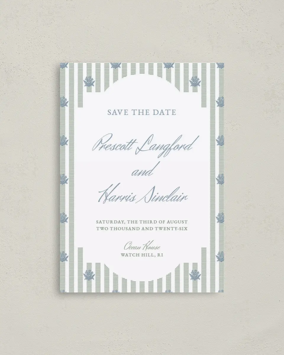 This is a 4" x 5.6" Save the Date Postcard called Watch Hill printed in full color on Soft Touch Finish paper