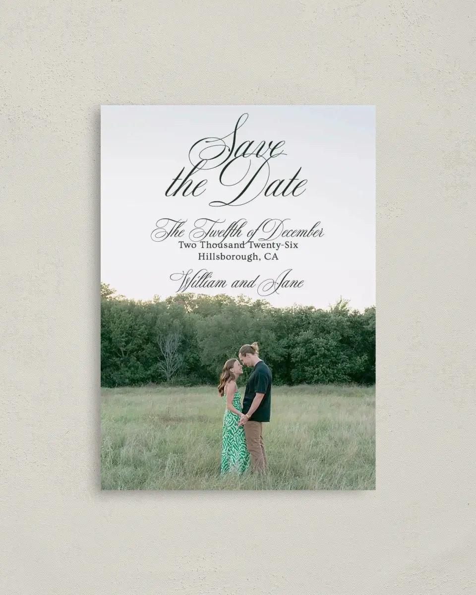 This is a 4" x 5.6" Save the Date Postcard called Hillsborough printed in full color on Soft Touch Finish paper