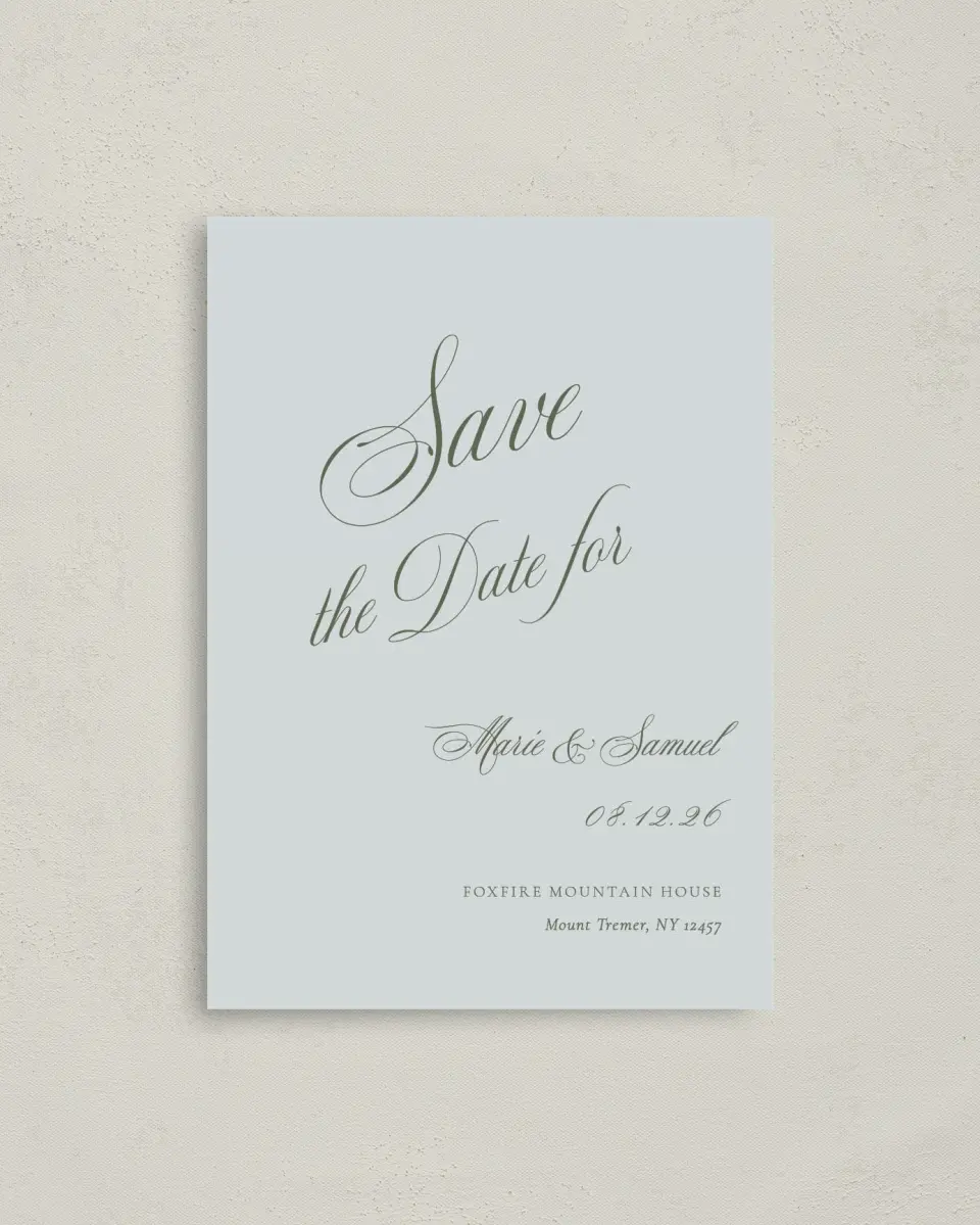 This is a 4" x 5.6" Save the Date Postcard called Foxfire printed in full color on Soft Touch Finish paper
