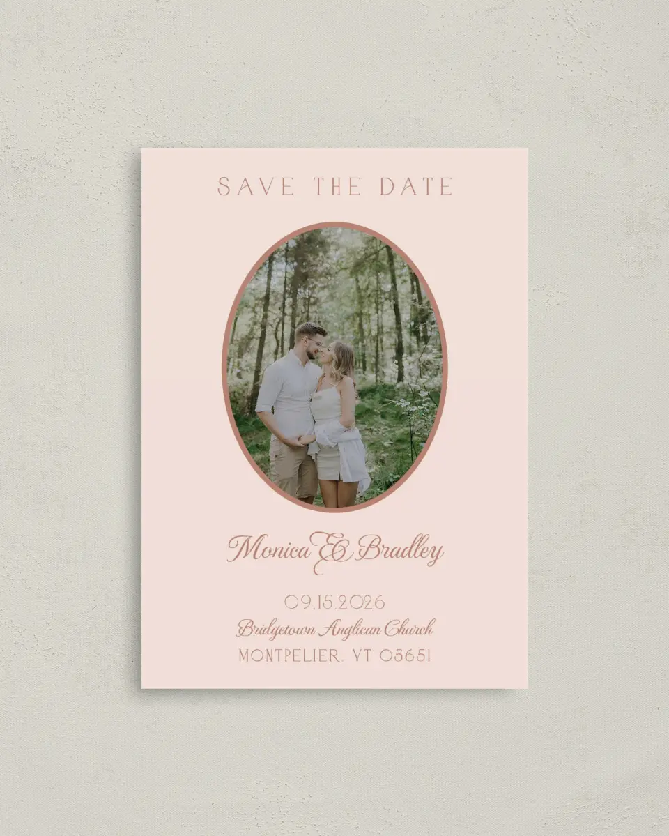 This is a 4" x 5.6" Save the Date Postcard called Bridgetown printed in full color on Soft Touch Finish paper