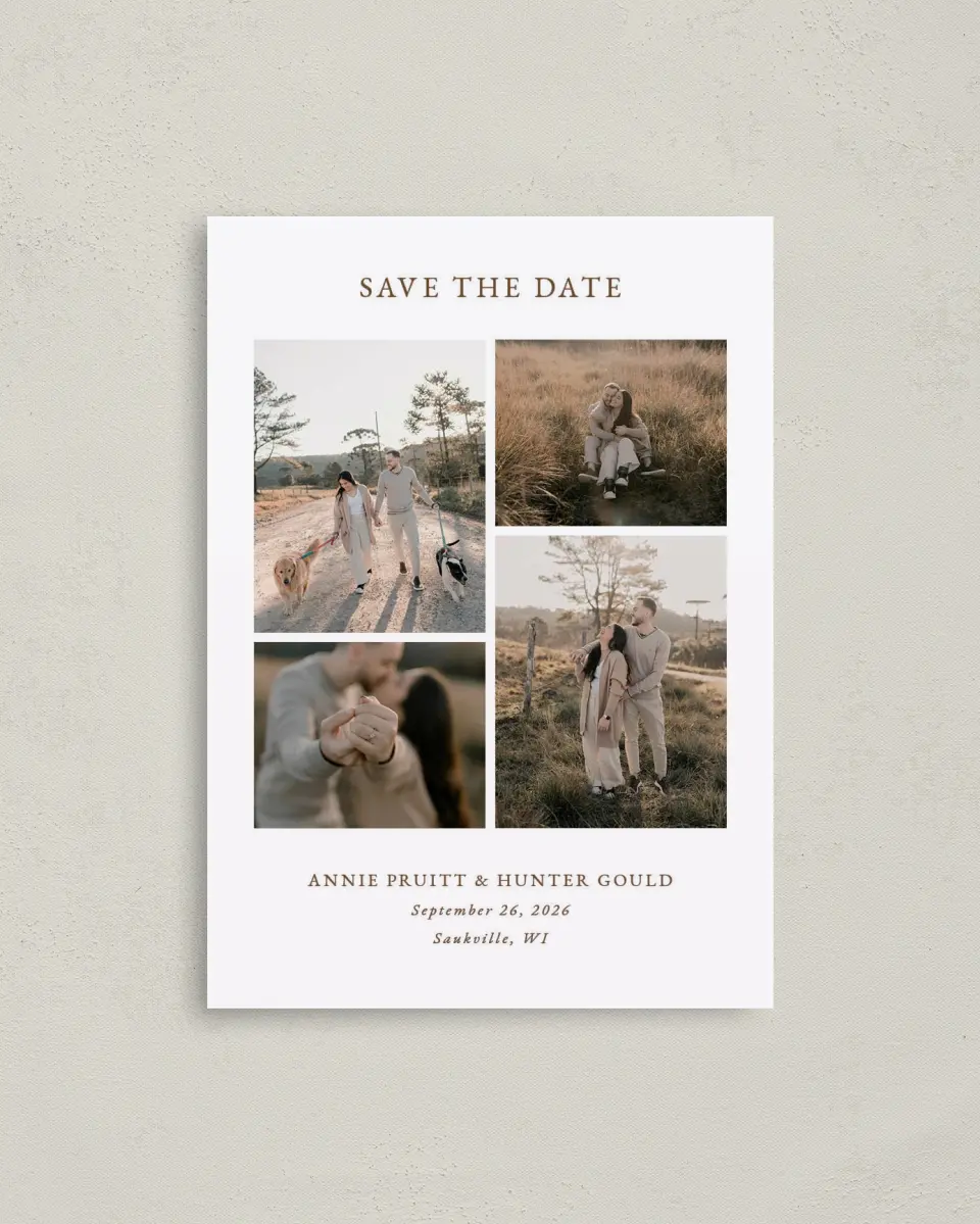 This is a 4" x 5.6" Save the Date Postcard called Cedarhill Crossing printed in full color on Soft Touch Finish paper
