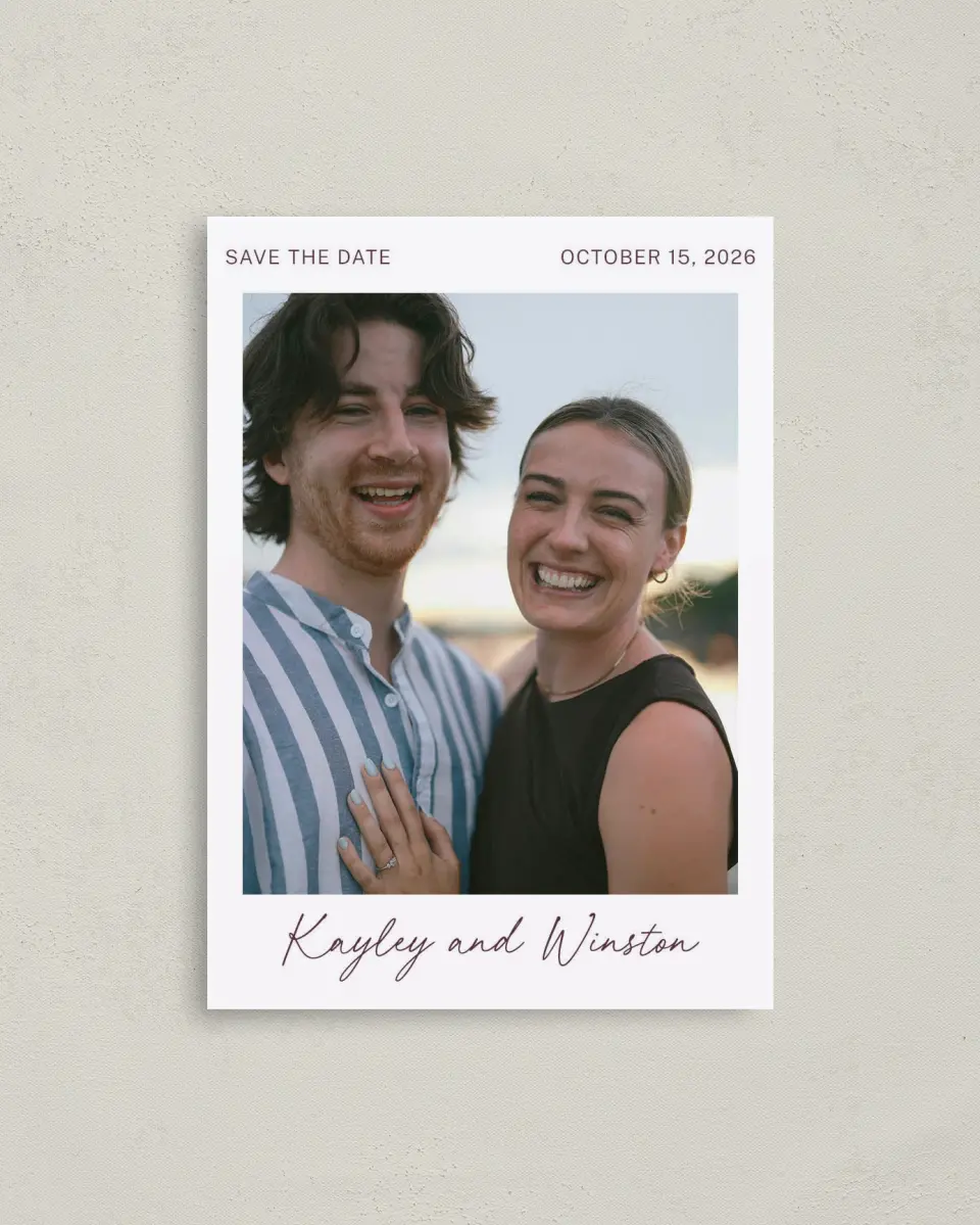 This is a 4" x 5.6" Save the Date Postcard called The Wilclift printed in full color on Soft Touch Finish paper