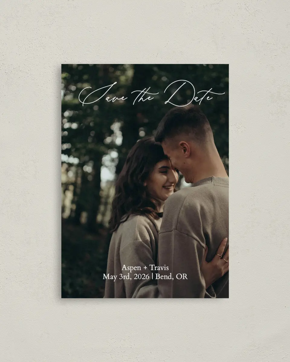 This is a 4" x 5.6" Save the Date Postcard called Willowmere printed in full color on Soft Touch Finish paper