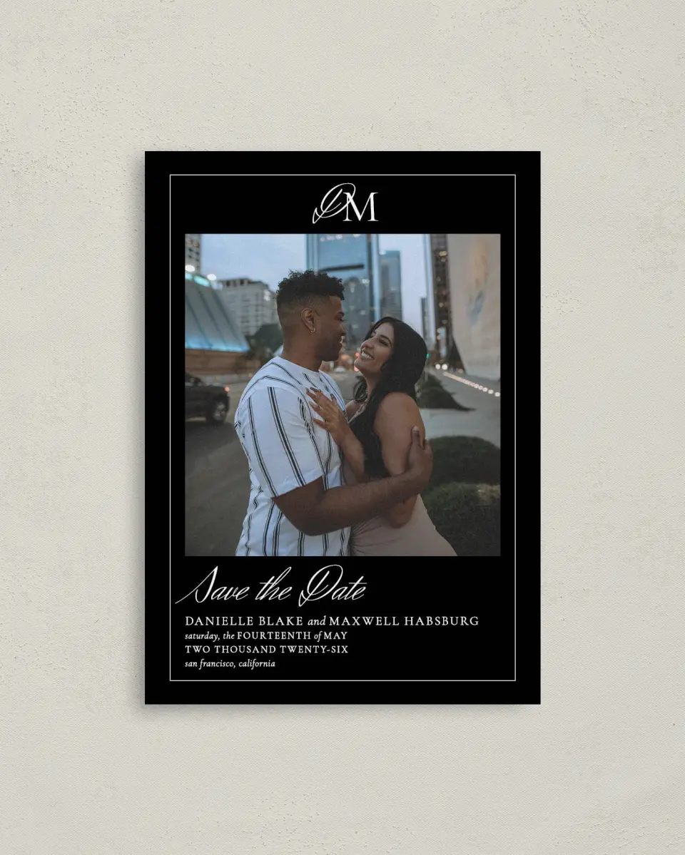 This is a 4" x 5.6" Save the Date Postcard called Commonwealth Club printed in full color with Rose Gold foil on Soft Touch Finish paper