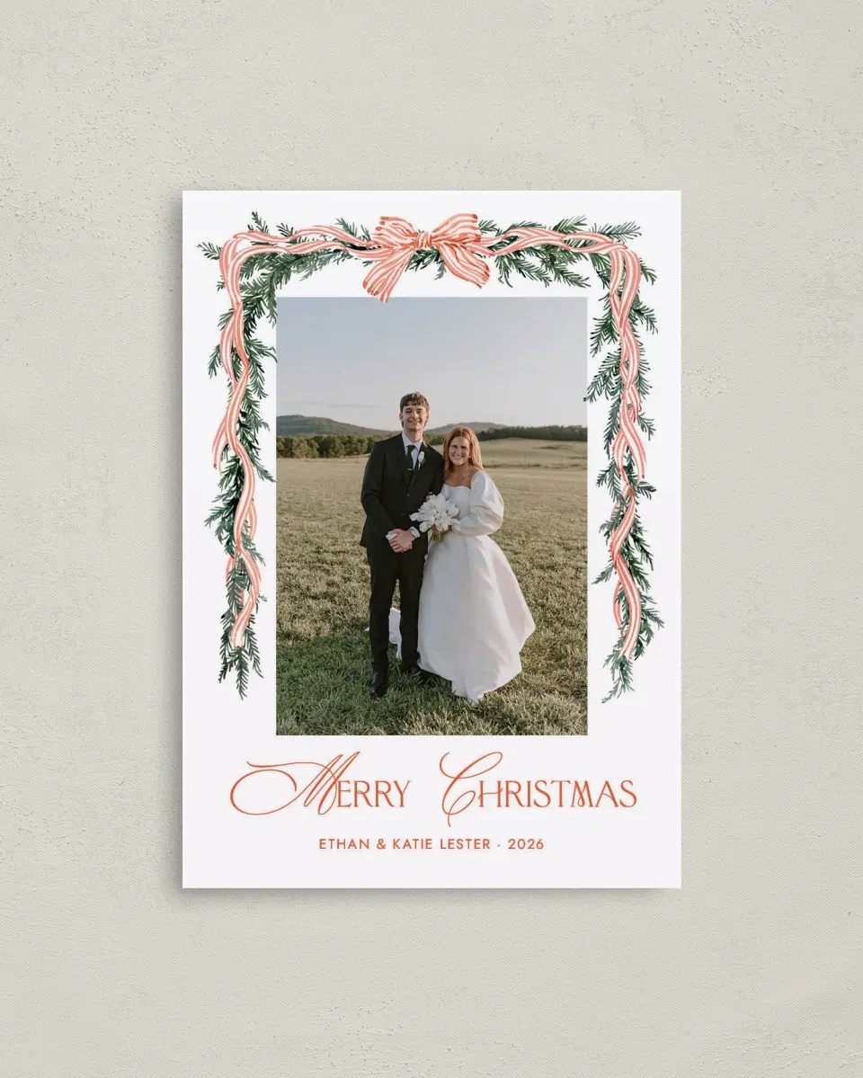 This is a 4" x 5.6" Christmas Card called Trimmed Tidings printed in full color with Gold foil on Premium Smooth paper