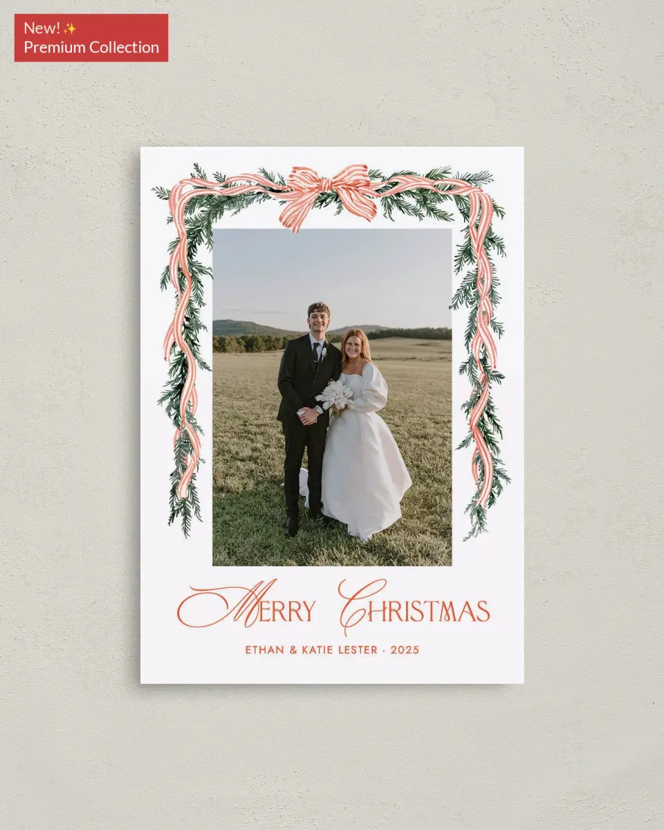 This is a 4" x 5.6" Christmas Card called Trimmed Tidings printed in full color with Gold foil on Premium Smooth paper
