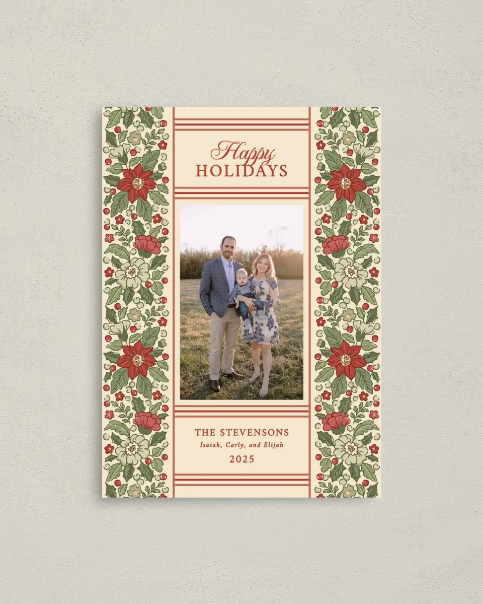 This is a 4" x 5.6" Christmas Card called Floral Christmas printed in full color with Gold foil on Soft Suede (coated) paper