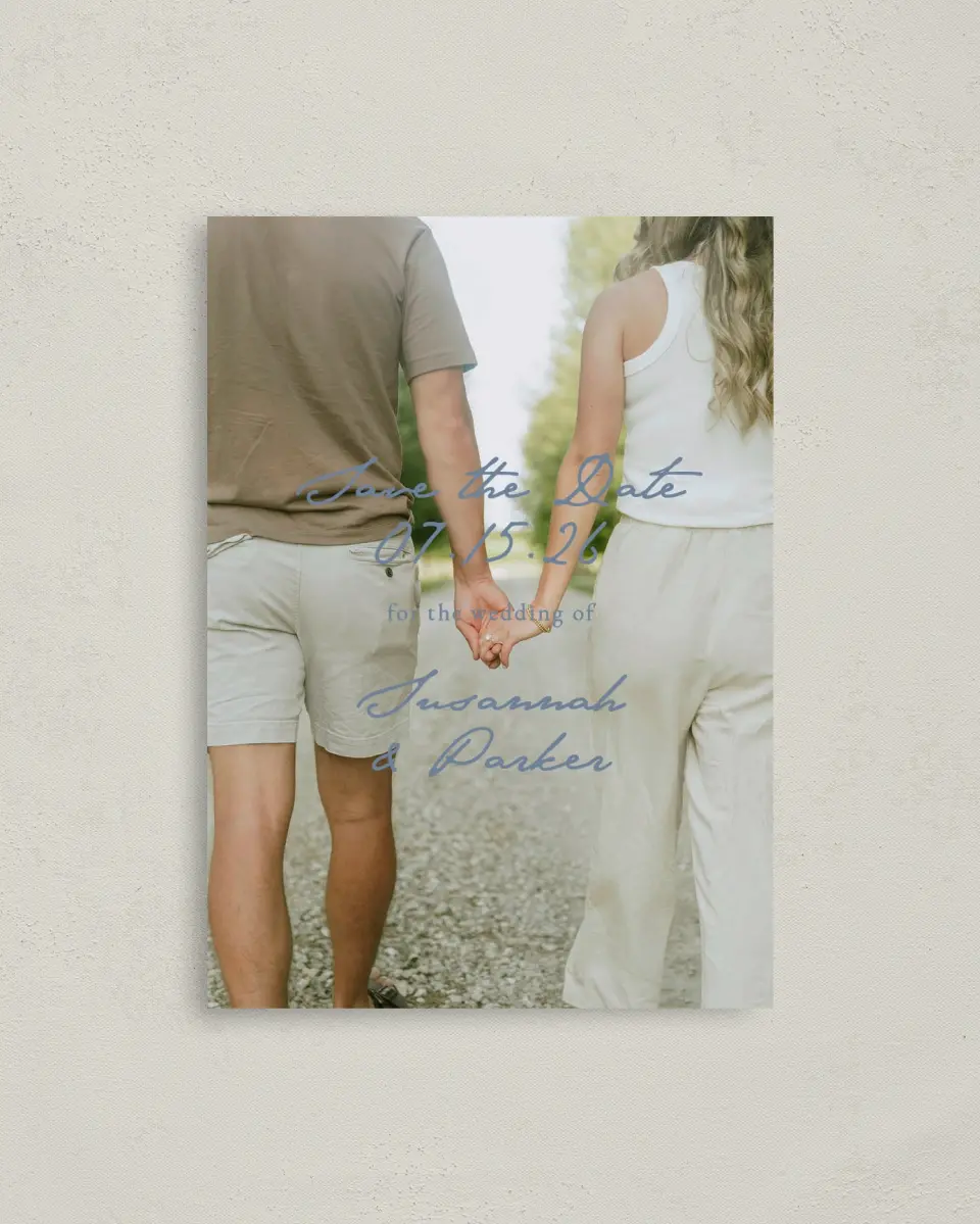 This is a 4" x 5.6" Save the Date Postcard called Rosewood printed in full color on Soft Touch Finish paper