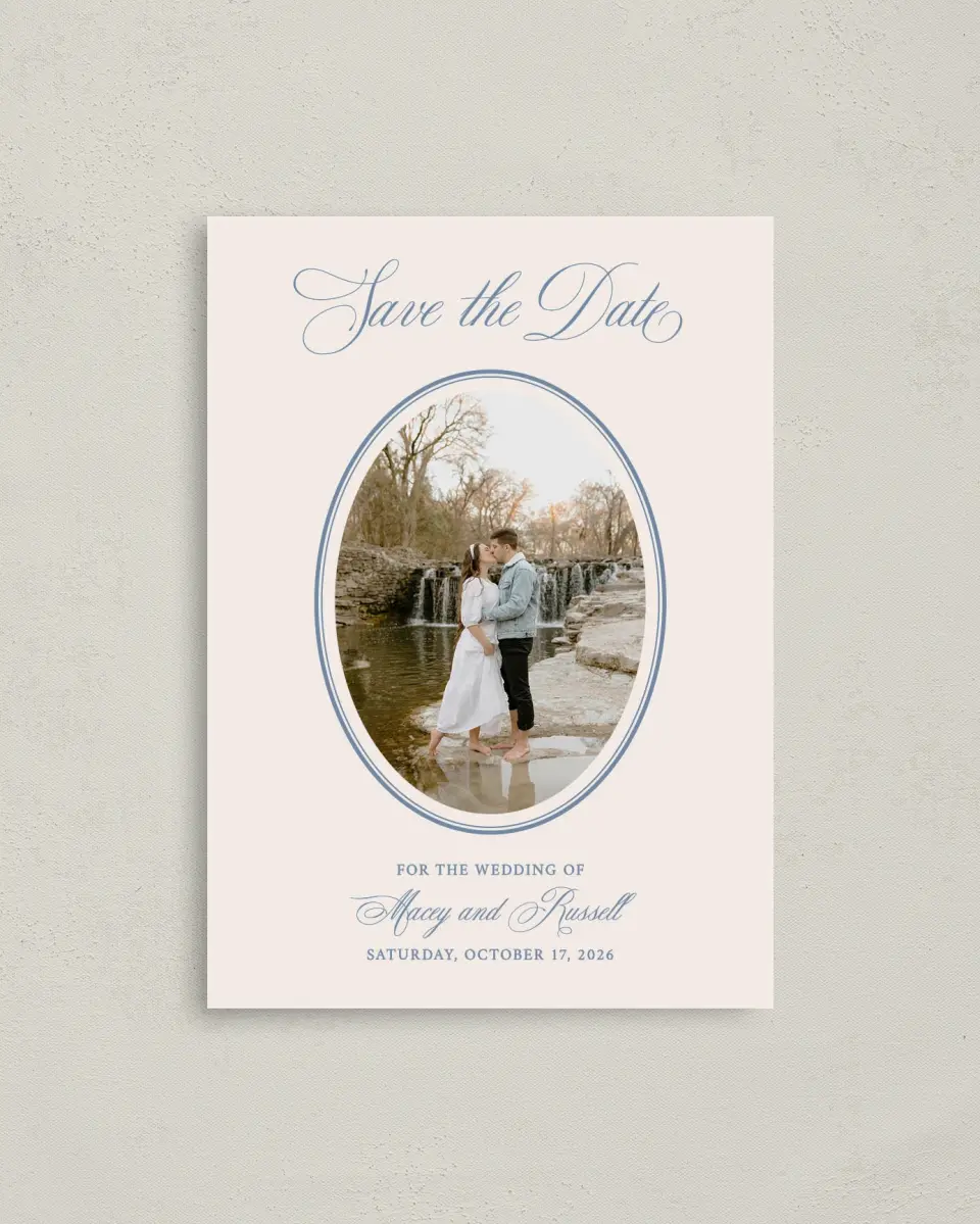 This is a 4" x 5.6" Save the Date Postcard called Vintage Reverie printed in full color on Soft Touch Finish paper