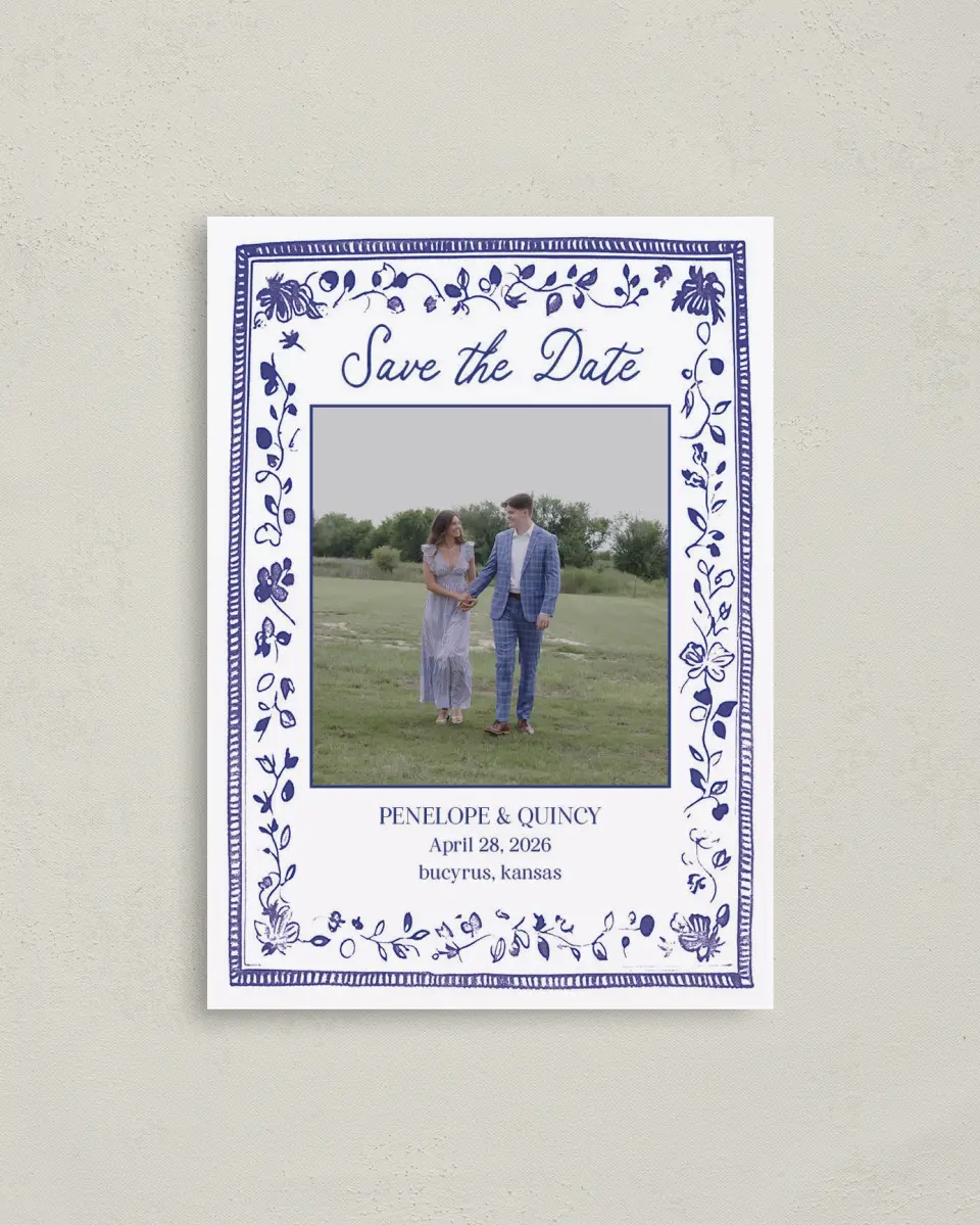 This is a 4" x 5.6" Save the Date Postcard called Storybook Garden printed in full color on Soft Touch Finish paper