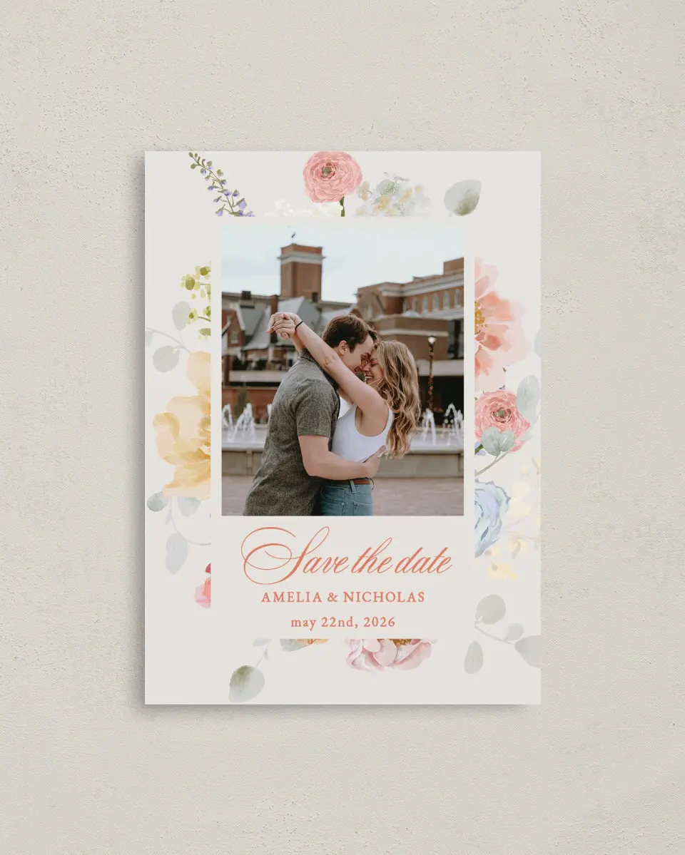 This is a 4" x 5.6" Save the Date Postcard called Forever Favorite printed in full color on Soft Touch Finish paper
