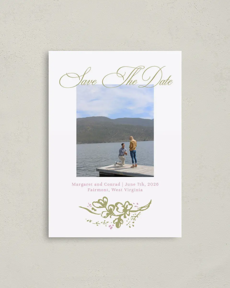 This is a 4" x 5.6" Save the Date Postcard called Evening in Bloom printed in full color on Soft Touch Finish paper