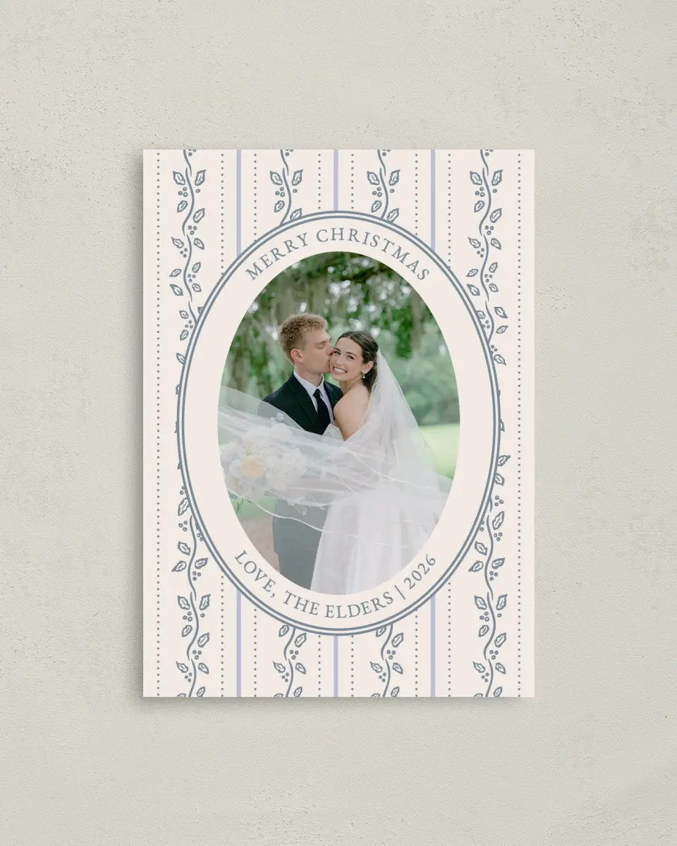 This is a 4" x 5.6" Christmas Card called Petal and Pine printed in full color with Gold foil on Premium Smooth paper