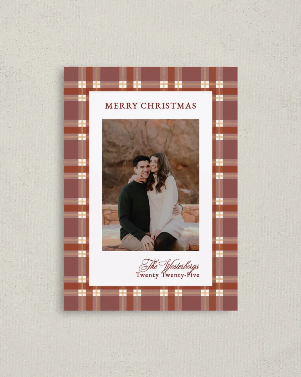 This is a 4" x 5.6" Christmas Card called Plaid Tidings printed in full color on Premium Smooth paper