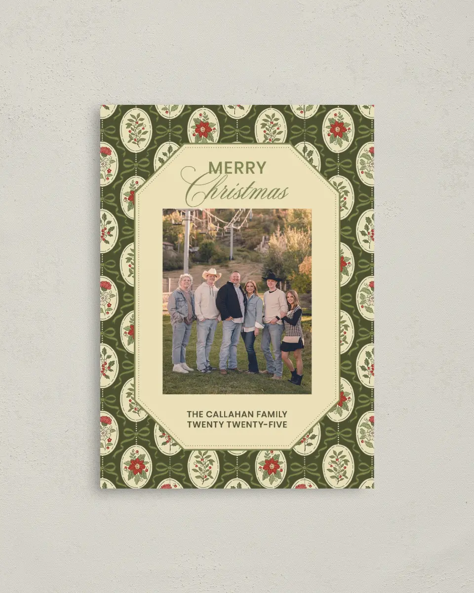 This is a 4" x 5.6" Christmas Card called Yuletide Tapestry printed in full color on Premium Smooth paper