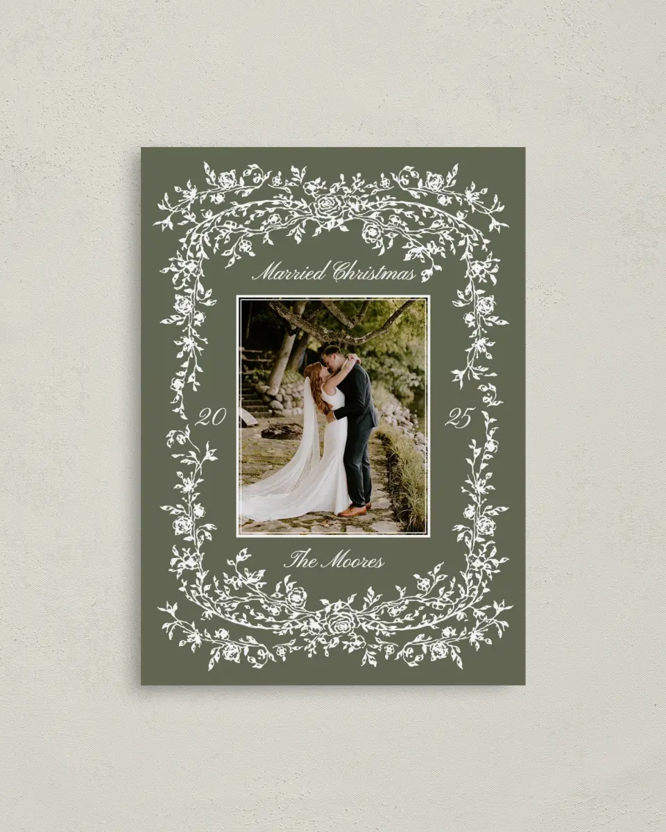 This is a 4" x 5.6" Christmas Card called Wedded Wishes printed in full color on Premium Smooth paper