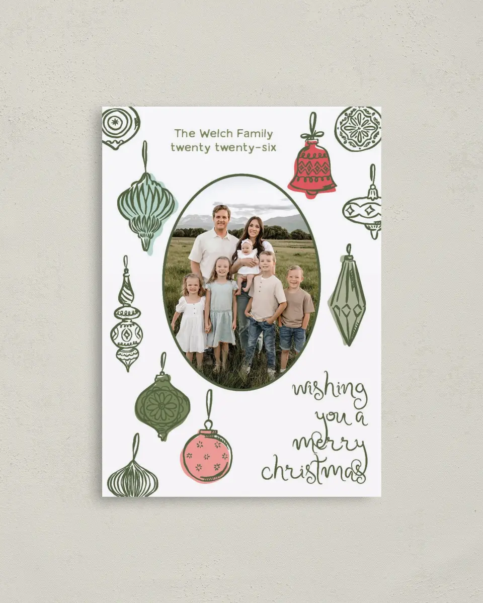 This is a 4" x 5.6" Christmas Card called Baubled Boughs printed in full color with Gold foil on Premium Smooth paper