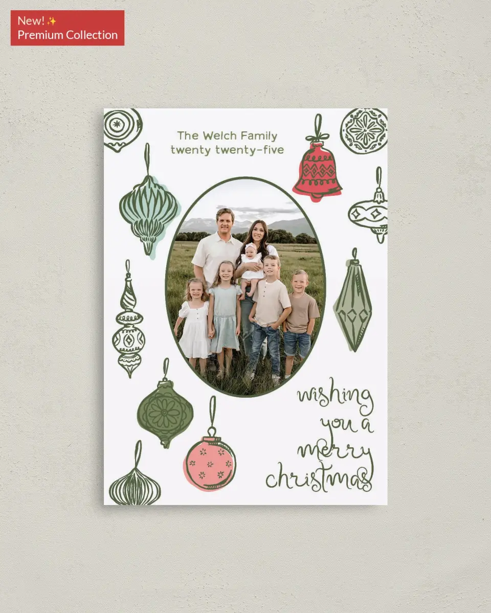 This is a 4" x 5.6" Christmas Card called Baubled Boughs printed in full color with Gold foil on Premium Smooth paper