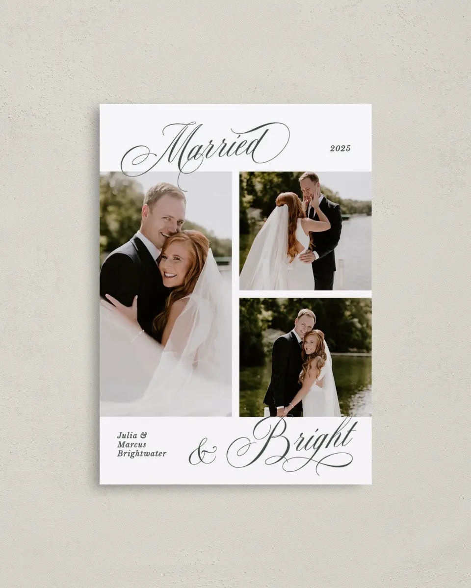 This is a 4" x 5.6" Christmas Card called Married and Bright printed in full color on Premium Smooth paper