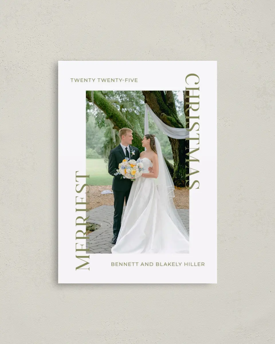 This is a 4" x 5.6" Christmas Card called Our Merriest Christmas printed in full color on Premium Smooth paper
