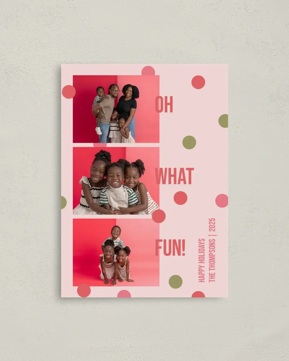 This is a 4" x 5.6" Christmas Card called Sparkle Season printed in full color with Rose Gold foil on Soft Suede (coated) paper