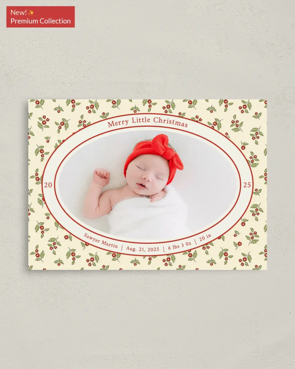 This is a 4" x 5.6" Christmas Card called First Christmas printed in full color with Gold foil on Premium Smooth paper