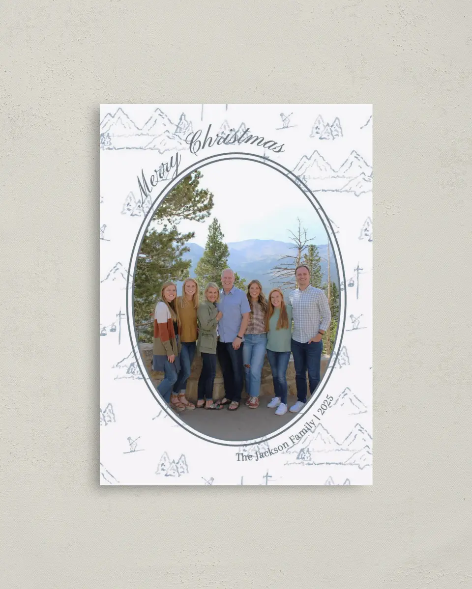 This is a 4" x 5.6" Christmas Card called Mountain Merriment printed in full color on Premium Smooth paper