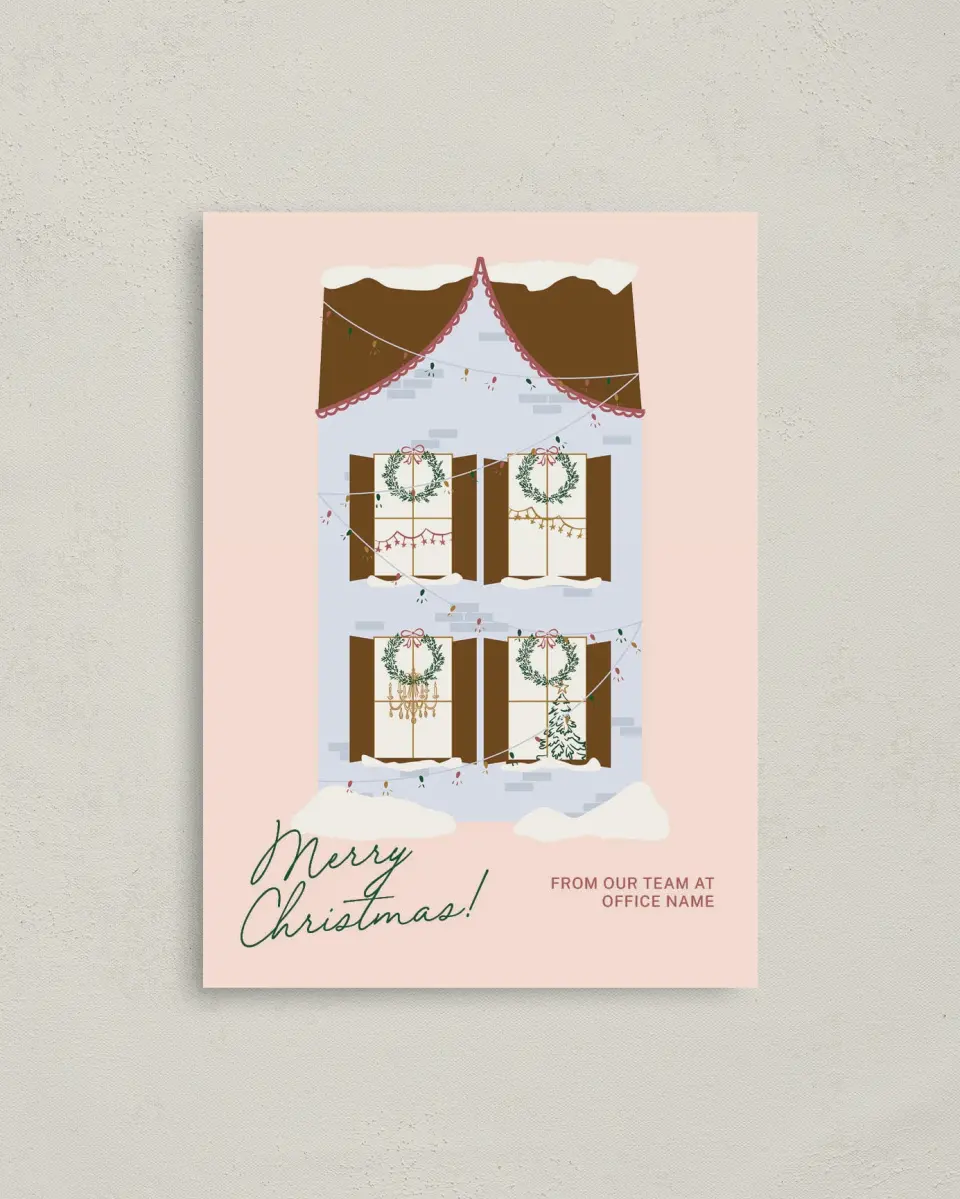 This is a 4" x 5.6" Christmas Card called Holiday Home printed in full color with Gold foil on Soft Suede (coated) paper