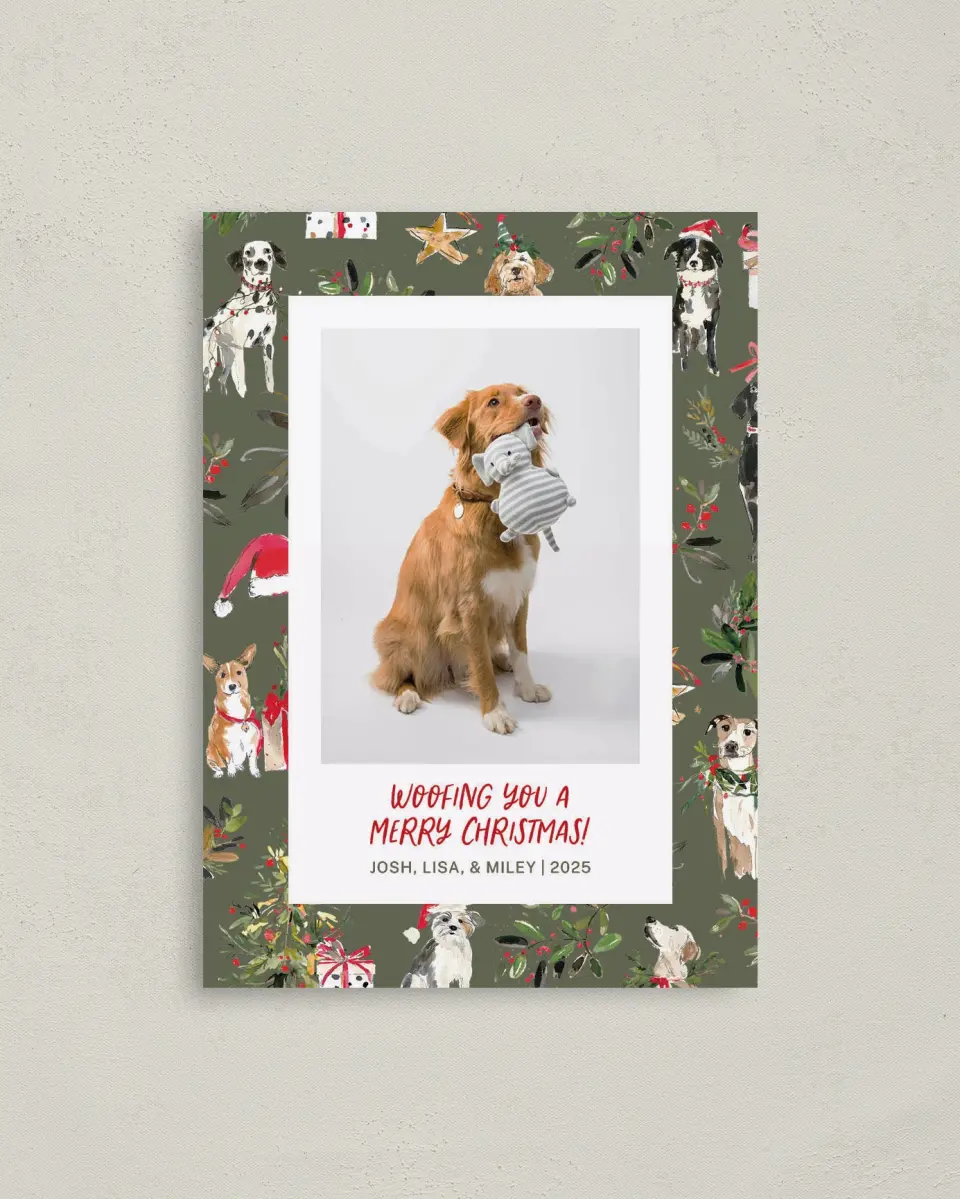 This is a 4" x 5.6" Christmas Card called Woofing You Christmas printed in full color on Premium Smooth paper
