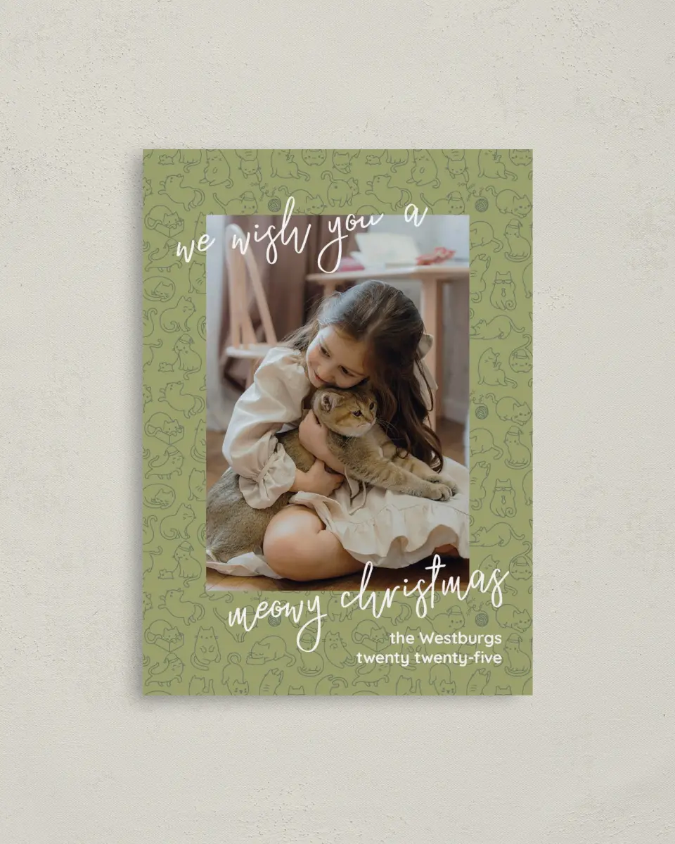 This is a 4" x 5.6" Christmas Card called Meowy Christmas printed in full color on Premium Smooth paper