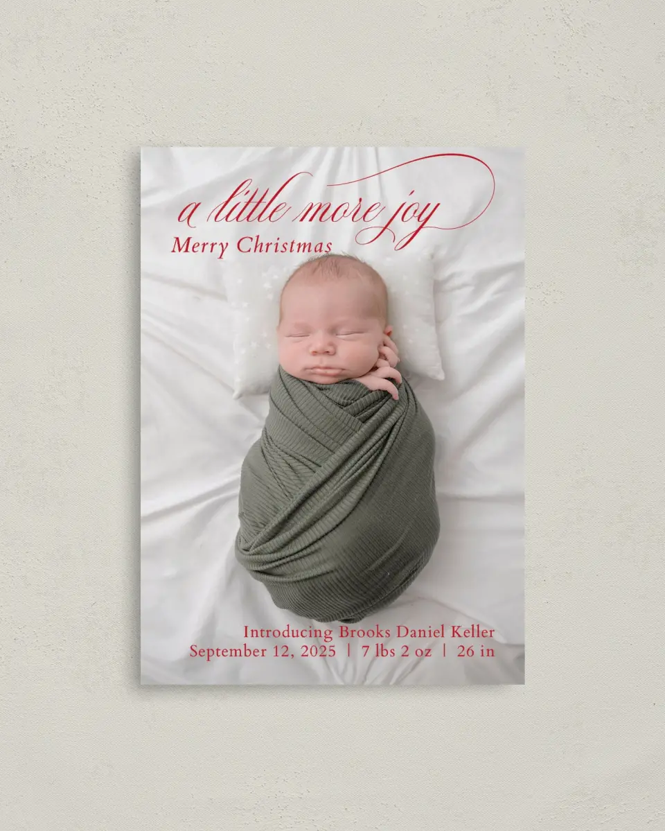 This is a 4" x 5.6" Christmas Card called Little More Joy printed in full color on Premium Smooth paper