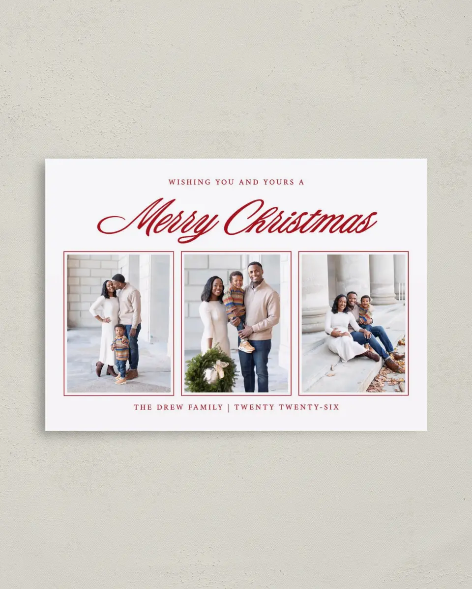 This is a 4" x 5.6" Christmas Card called Merry and Minimal printed in full color with Silver foil on Soft Suede (coated) paper