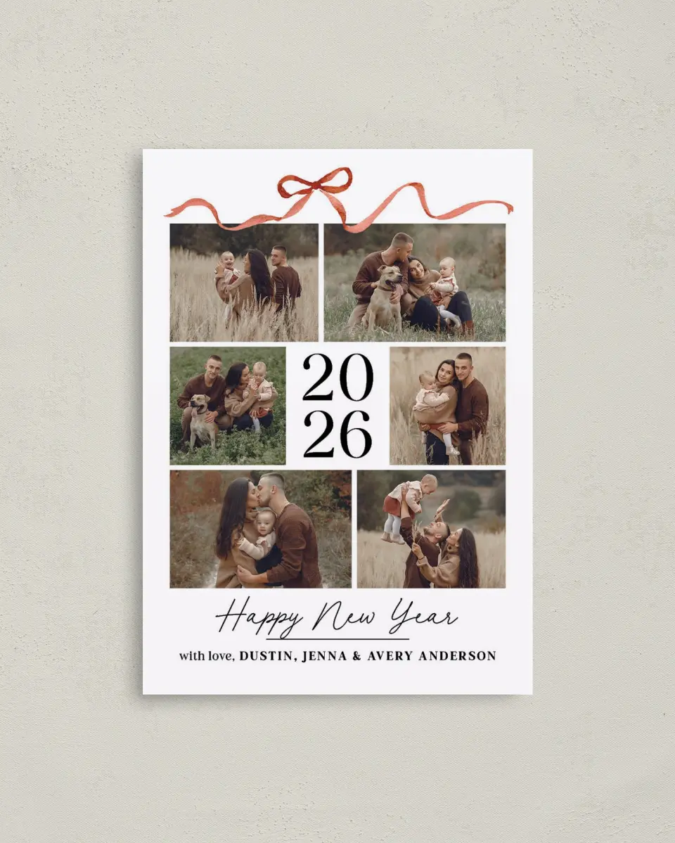 This is a 4" x 5.6" Christmas Card called Topped With a Bow printed in full color with Gold foil on Premium Smooth paper