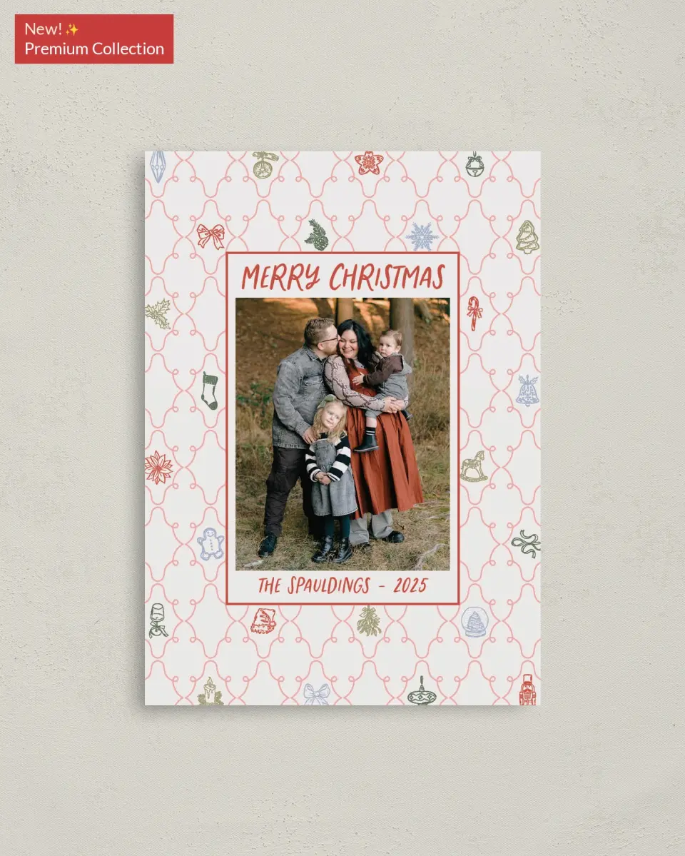This is a 4" x 5.6" Christmas Card called Festive & Merry printed in full color with Rose Gold foil on Soft Suede (coated) paper