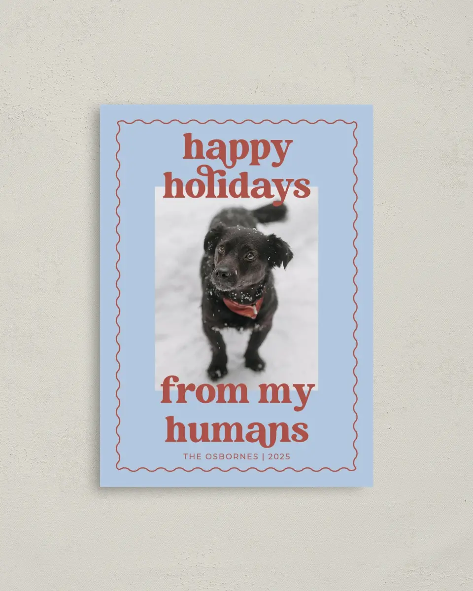 This is a 4" x 5.6" Christmas Card called Playful Pet printed in full color with Rose Gold foil on Soft Suede (coated) paper