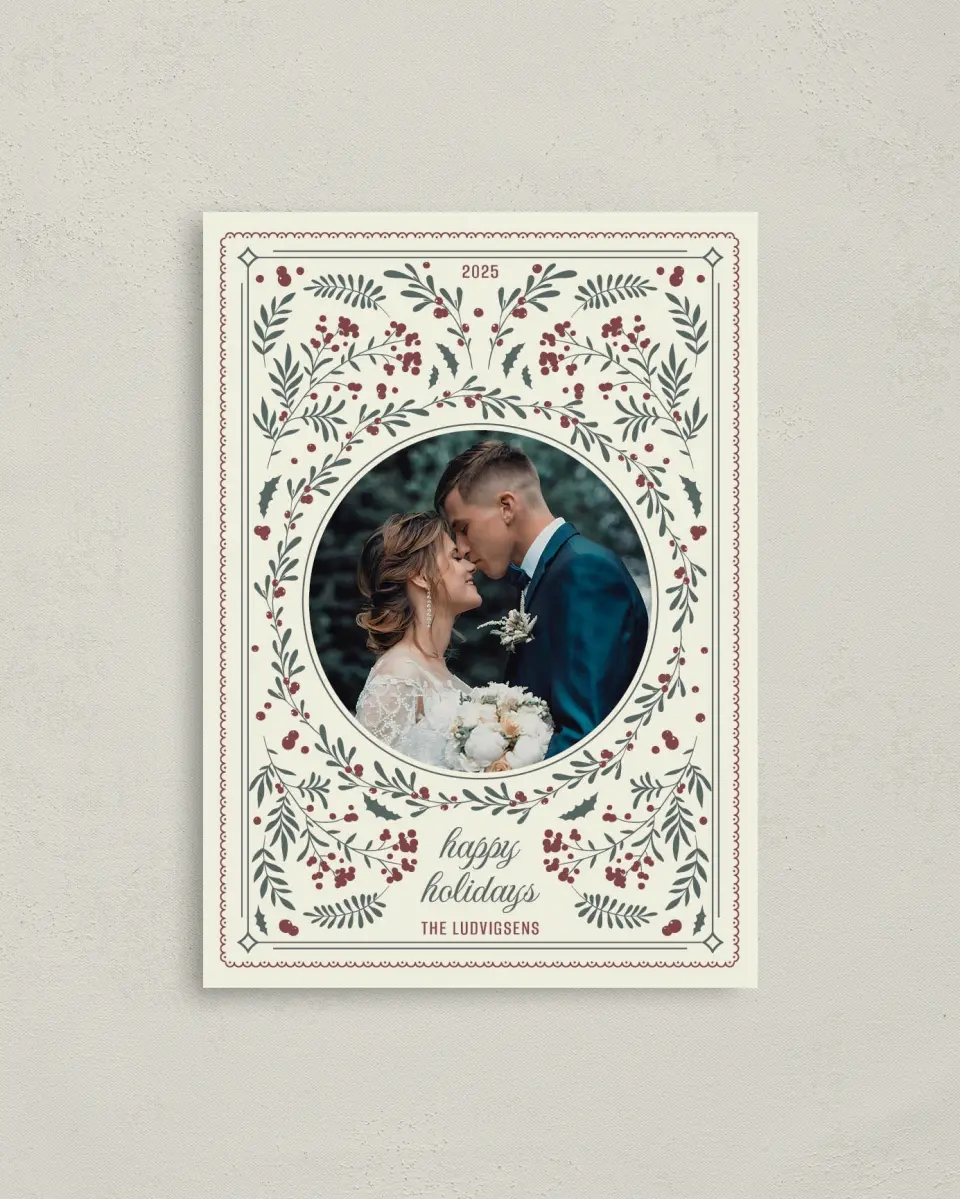 This is a 4" x 5.6" Christmas Card called Ditsy Greens & Berries printed in full color with Rose Gold foil on Soft Suede (coated) paper