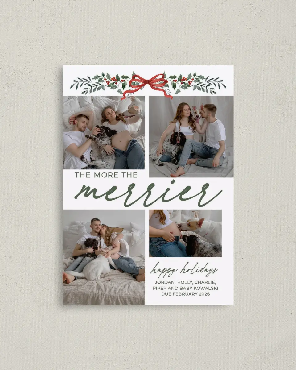 This is a 4" x 5.6" Christmas Card called More Merriment printed in full color with Rose Gold foil on Soft Suede (coated) paper