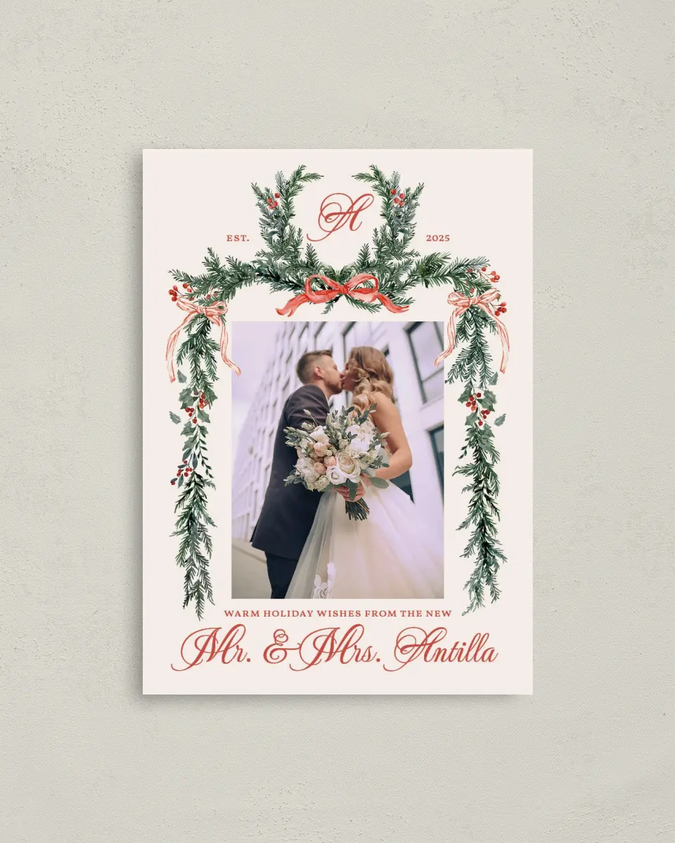 This is a 4" x 5.6" Christmas Card called New Mr. & Mrs. printed in full color on Premium Smooth paper
