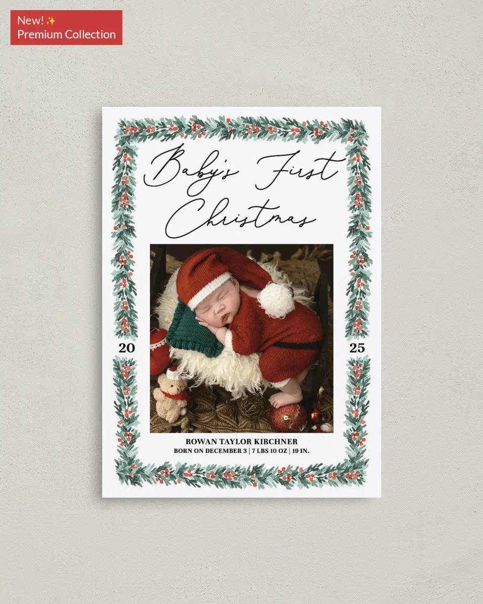 This is a 4" x 5.6" Christmas Card called Holiday Baby printed in full color with Rose Gold foil on Soft Suede (coated) paper