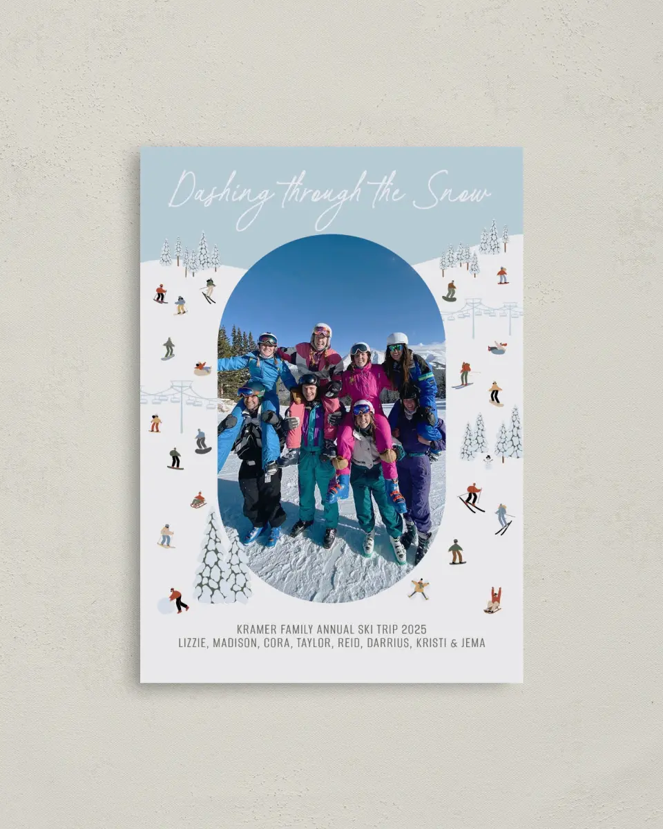 This is a 4" x 5.6" Christmas Card called Dashing through the Snow printed in full color with Rose Gold foil on Soft Suede (coated) paper