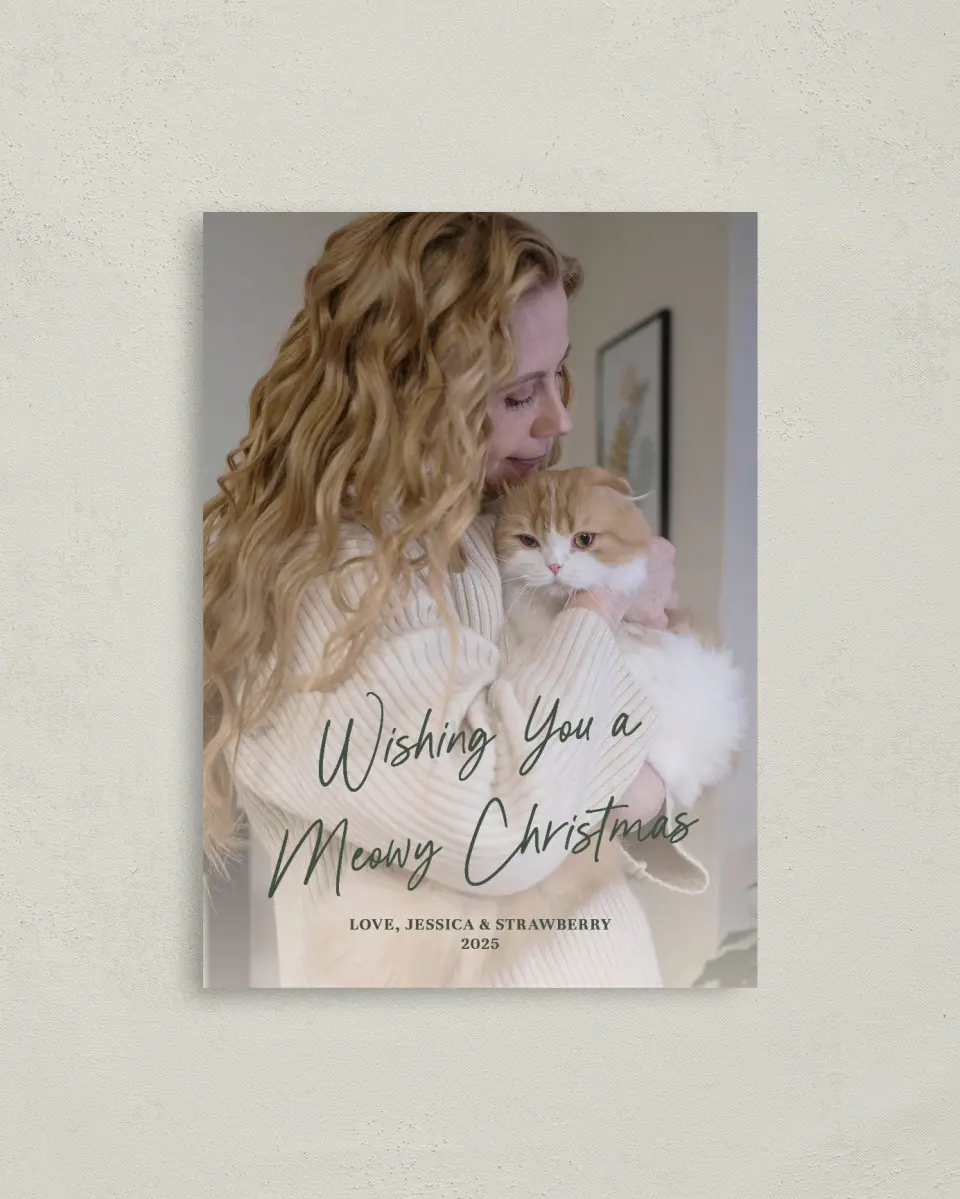 This is a 4" x 5.6" Christmas Card called Meowy and Bright printed in full color with Rose Gold foil on Soft Suede (coated) paper