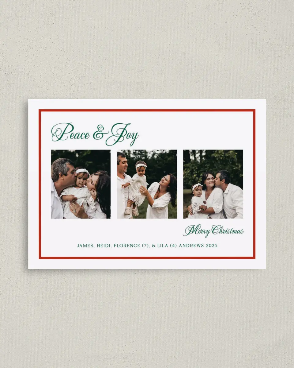 This is a 4" x 5.6" Christmas Card called Framed Joy printed in full color with Rose Gold foil on Soft Suede (coated) paper